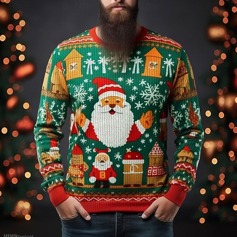 Ugly Christmas Sweater Men's Sweaters Santa Claus Knitting Print Knitwear Pullover New Years Eve Sweater Outdoor Vacation Long Sleeve Crewnecks Army Green Mint Green Dark Green Fall Winter S M Ls2