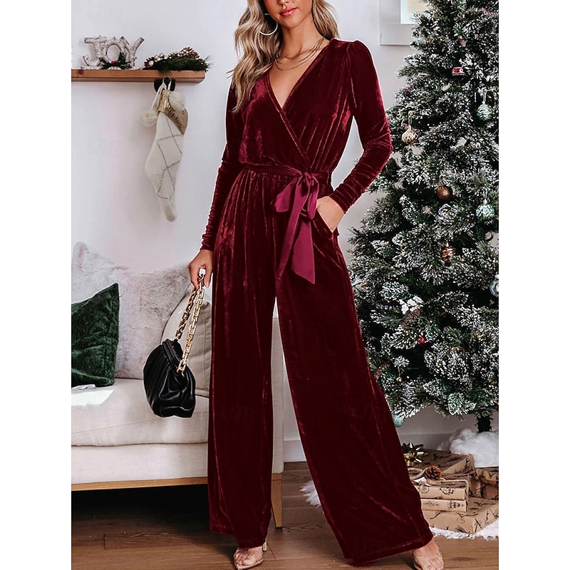 Women's Normal Jumpsuit Stylish Solid Color Long Sleeve Deep V Belted Vacation Party Regular Fit Black Red Blue Spring