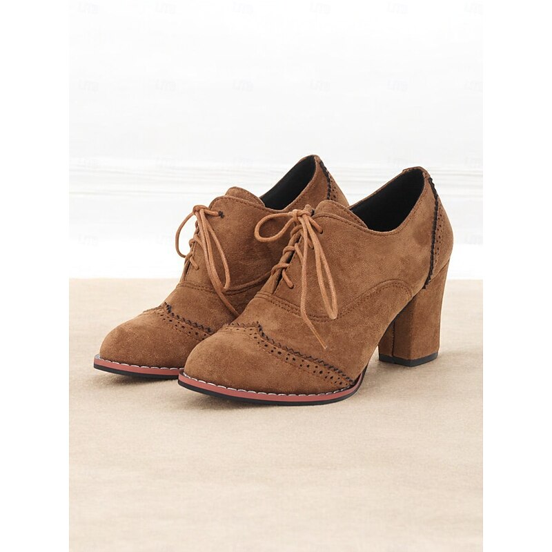 Women's Faux Suede Lace-Up Oxford Shoes with Block Heels – Vintage Style Brogue Pumps for Casual and Office Wear2