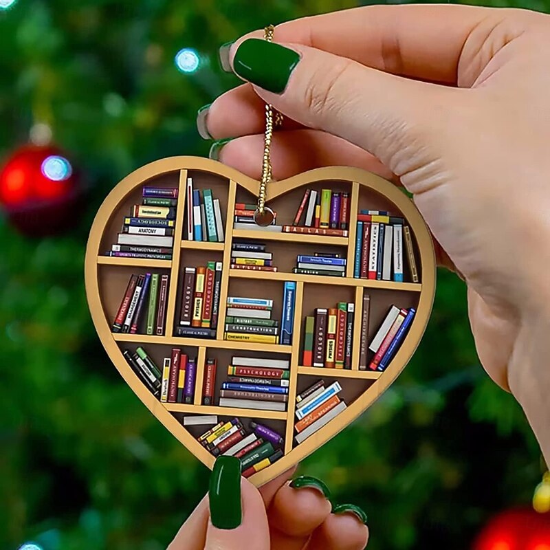 5pcs Christmas Book Lover's Heart Ornament Xmas Acrylic Tree Ornament Gift for Her Librarian Vintage Book4