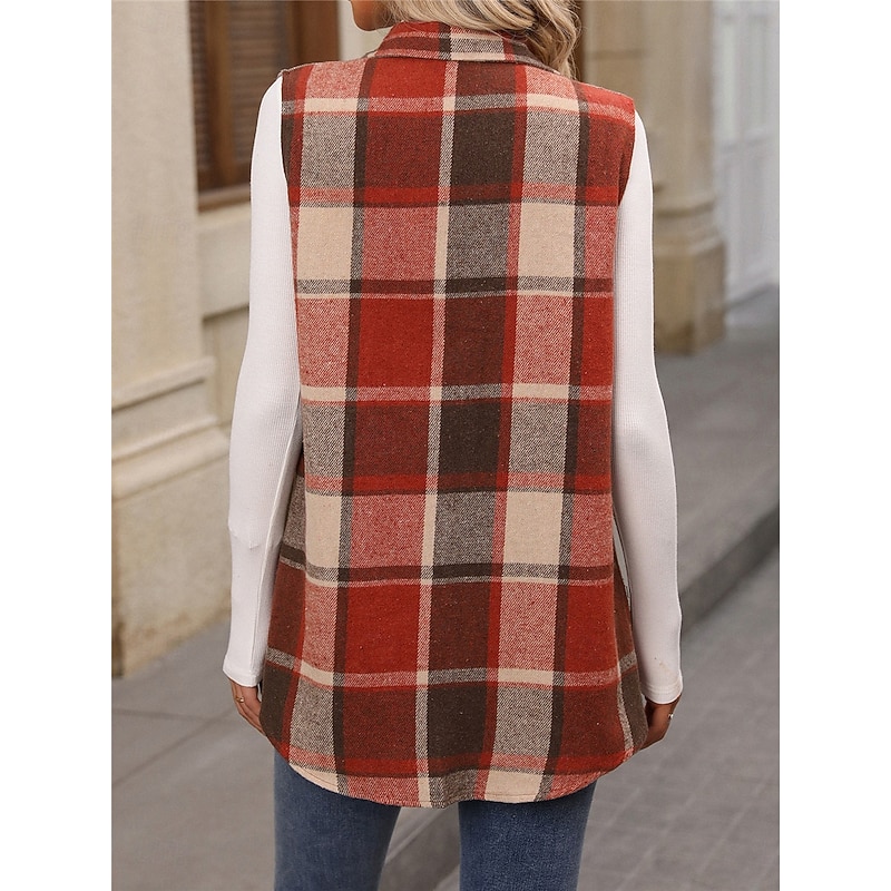 Women's Vest Outdoor Street Daily Wear Fall Winter Regular Coat Regular Fit Thermal Warm Breathable Stylish Casual Jacket Sleeveless Stripes and Plaid with Pockets Print Orange Green Khaki4