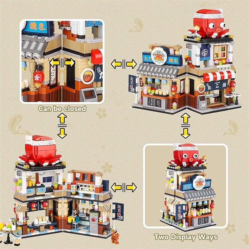 Japanese Street View Takoyaki Shop Mini Building Blocks MOC Creative Japanese Toys for Girls 6-12 Years Old 722 Pcs Simulation Architecture Construction Toy Gift Idea for Kids Adults3