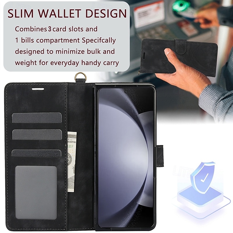 Phone Case For Z Fold 7 Z Fold 6 Z Fold 5 Z Fold 4 Z Fold 3 Back Cover with Stand Holder with Wrist Strap Card Slot Retro TPU PU Leather3