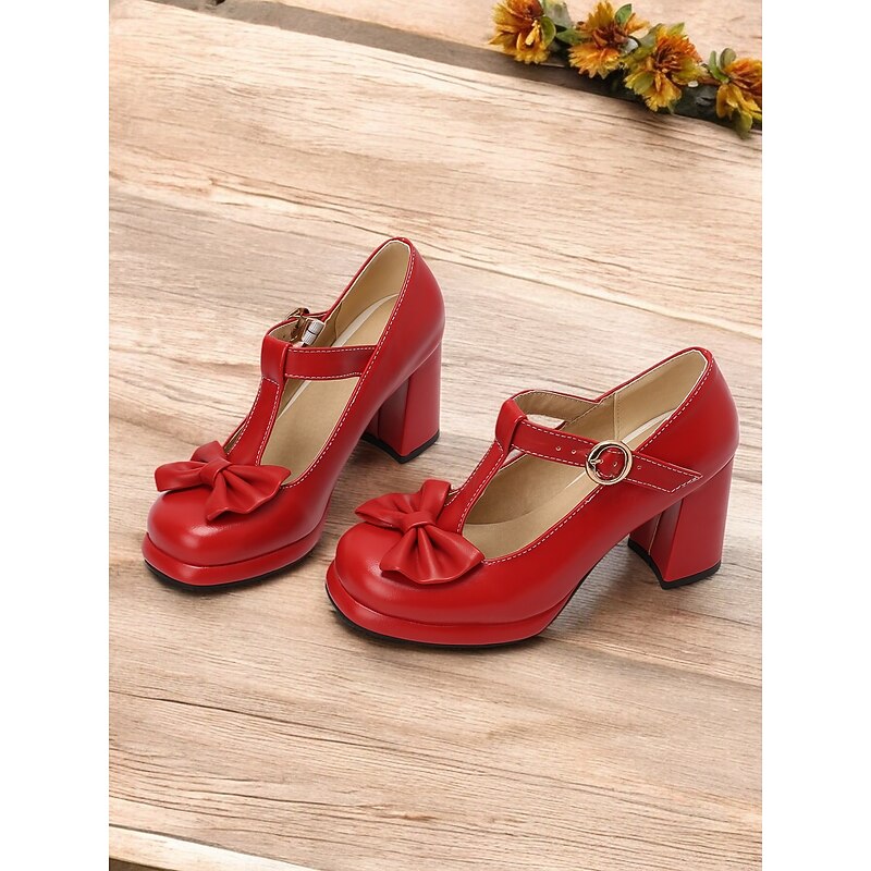 Women's Vintage Mary Jane High Heel Pumps with Bow Detail – Retro Block Heels for Party and Formal Occasions