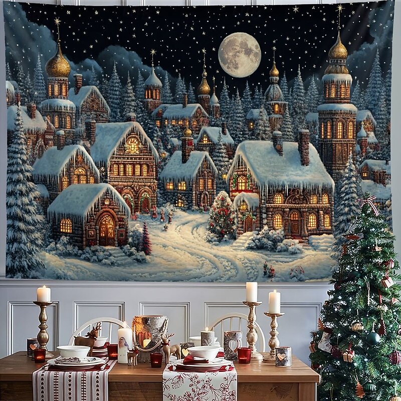 Christmas Decorations Hanging Tapestry Snow Village Wall Art Xmas Large Tapestry Mural Decor Photograph Backdrop Blanket Curtain Home Bedroom Living Room Decoration4