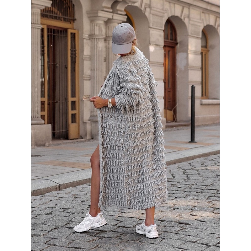 Women's Sweater Cardigan Casual Soft Pure Color Ribbed Open Front Tassel Knitted Long Sleeve Long Tops Knit Outdoor Daily Weekend Black Khaki Fall Winter2