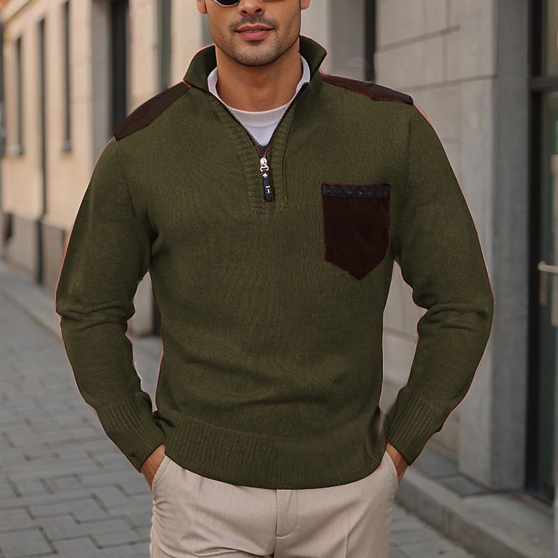 Men's Sweater Chunky Knit Pocket Half Zip Solid Color Stand Collar Elegant Vintage Formal Home Clothing Apparel Bishop Sleeve Fall Winter Red Navy Blue S M L3