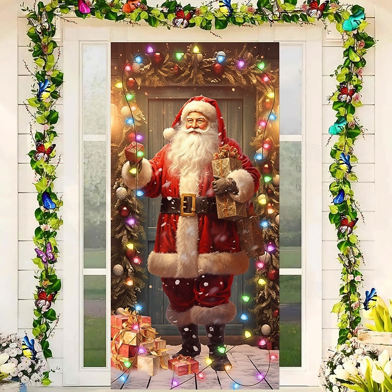 Christmas Door Decorations Door Covers Xmas Lights Santa Door Tapestry Door Curtain Decoration Backdrop Indoor/Outdoor Door Banner for Front Door Farmhouse3