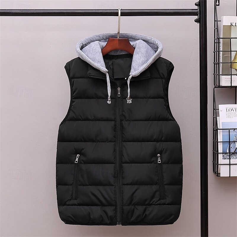Men's Puffer Vest Hoodie Vest Padded Gilet Quilted Vest Daily Date Vacation Fashion Casual Fall & Winter Pocket Polyester Warm Comfortable Solid Color Zipper Hooded Regular Fit Black Red Orange Dark