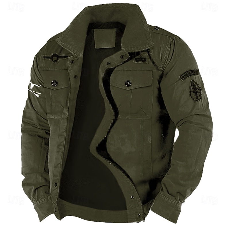 Men's Cotton Embroidered Military Jacket Cargo Jacket with Shoulder Straps Long Sleeve Standing Collar Multi-Pockets Coat Trucker Jacket Western Cow Print Tactical Outerwear3
