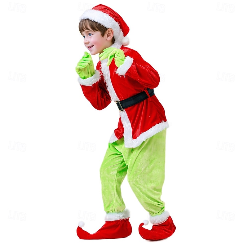 Santa Suit Outfits Christmas Dress Cosplay Costumes Boys' Girls' Christmas Cosplay Costume Kid's Christmas Carnival Masquerade Christmas Party Top Pants Gloves Belt Shoes4