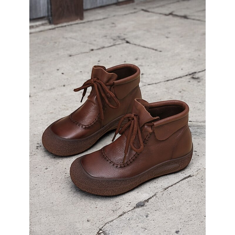 Women's Brown Faux Leather Lace-Up Ankle Boots with Vintage Stitch Detailing, Comfortable Sole for Casual Outdoor Wear