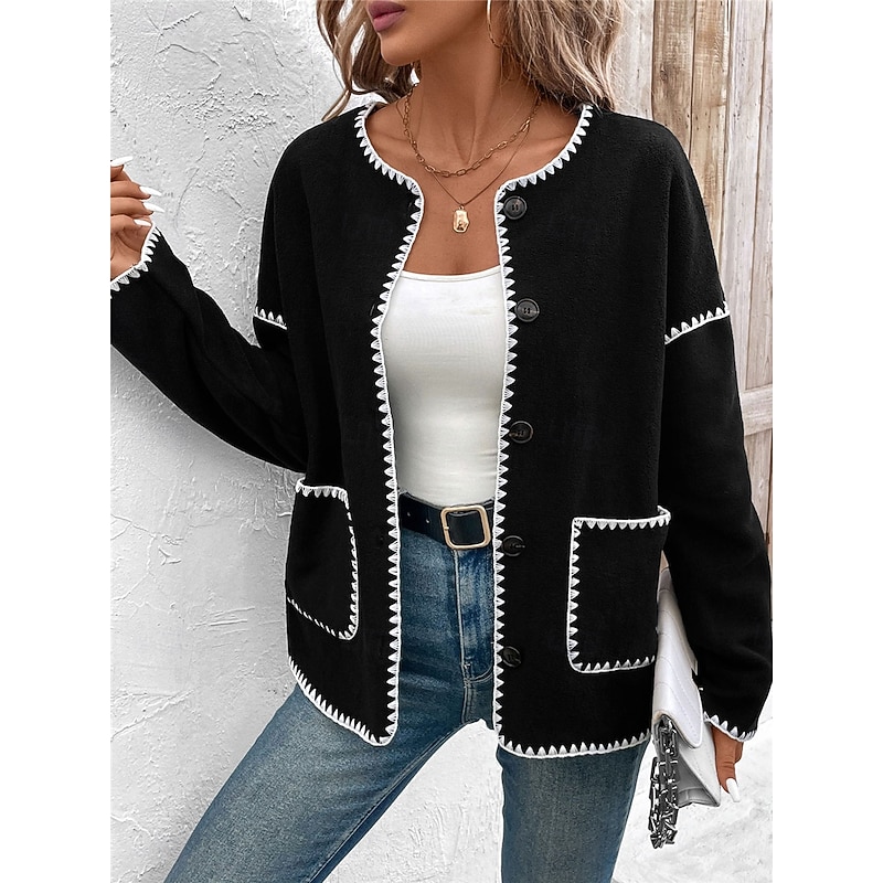 Women's Casual Jacket Outdoor Street Daily Wear Fall Winter Regular Coat Regular Fit Thermal Warm Breathable Stylish Casual Jacket Long Sleeve Solid Color with Pockets Black4