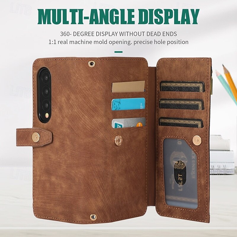 Phone Case For Z Fold 6 Z Fold 5 Z Fold 4 Z Fold 3 Back Cover with Stand Holder Zipper with Lanyard Retro TPU PU Leather3