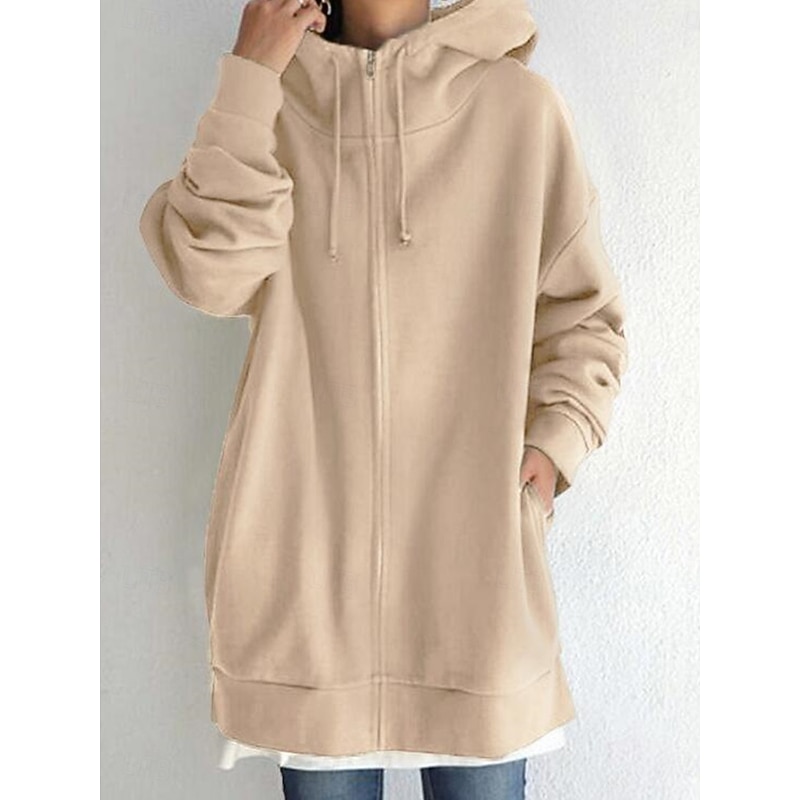 Women's Hoodie Jacket Warm Breathable Zipper Pocket Casual Plain Vacation Street Daily Wear Going out Zipper Long Hoodie Regular Fit Long Sleeve Outerwear Black Red Khaki Fall Winter4