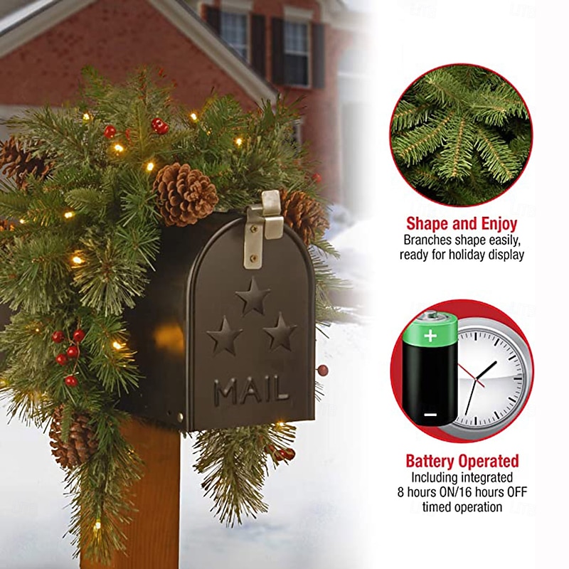 Christmas Pinecone Mailbox Garland with LED Lights,90cm Festive Wreath Branch & Vine Decoration for Home,Patio,Garden,Outdoor (Batteries Not Included)2