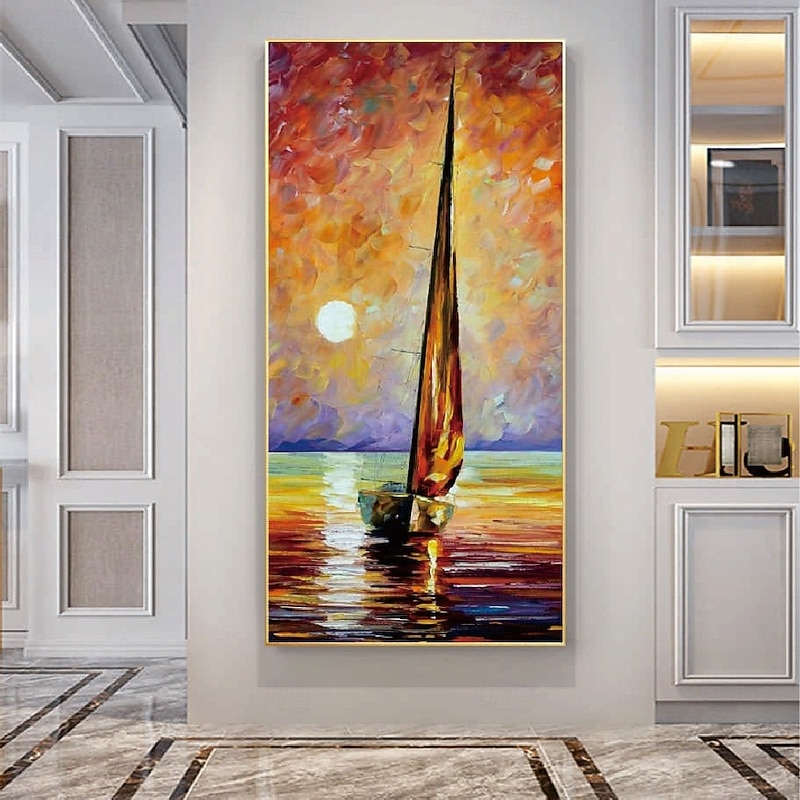 Sailboat Oil painting handmade Abstract Sailboat Canvas Art paintings handmade Nautical Oil Painting Large Sailing Ship paintings Wall Art Modern Seascape Painting for Bedroom office decoration2