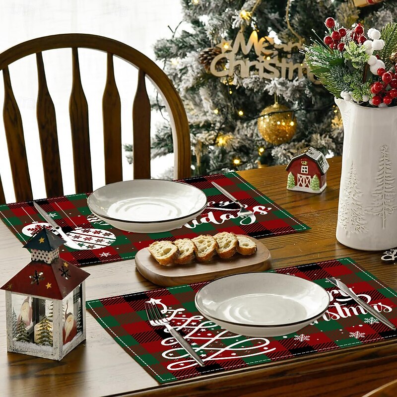 4 pcs Christmas Linen Placemats, Winter Santa Claus Letter Printed Table Mat, Christmas Restaurant White Linen Placemats, Living Room Dining Table Decoration, Insulated Table Mat
