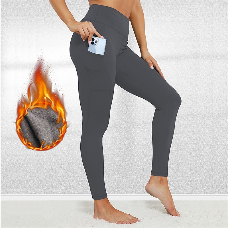 Women's Yoga Pants Fleece Lined Leggings Yoga Leggings High Waist Pilates Gym Workout Workout Tights Solid Color Black Dark Navy Dark Gray Fleece Fall Winter Sports Activewear Stretchy Slim