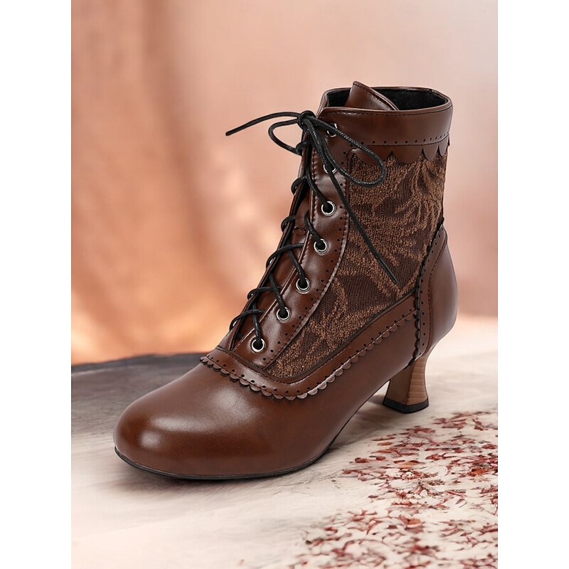 Women's Brown Lace-Up Victorian Ankle Boots with Lace Design and Kitten Heel – Vintage Style for Cosplay or Everyday Wear