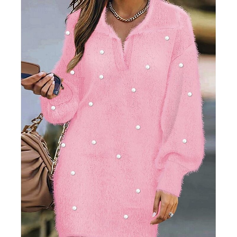 Women's Sweater Elegant Casual Soft Pearl Pure Color Ribbed Shirt Collar Knitted Long Sleeve Regular Tops Knit Outdoor Daily Weekend Pink Fall Winter