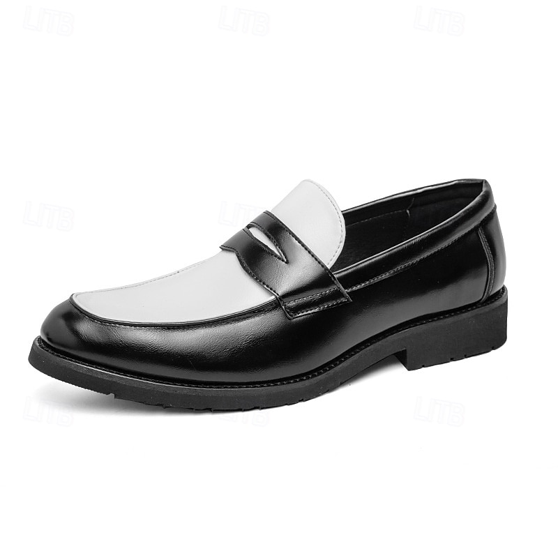 Men's Two-Tone Faux Leather Slip-On Loafers – Black and White Penny Dress Shoes for Prom, Business Party, Gatsby Nightlife, Vintage 1950s Swing Look4