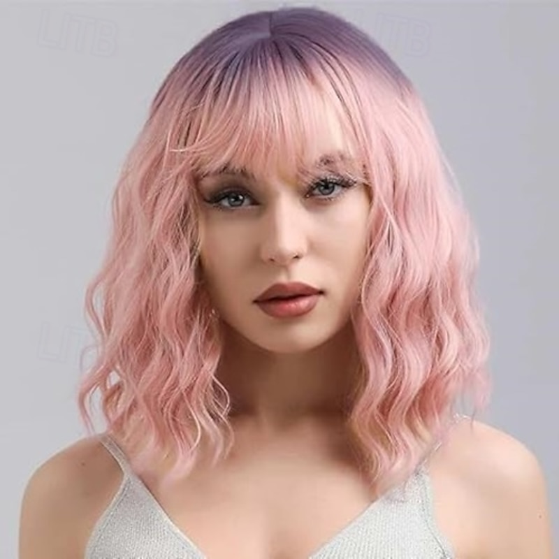 Short wavy Wigs for Women Wig with Bangs for Women Short Bob Wig Colorful Medium Length Wig Pastel Colored Cosplay Wig Synthetic Costume Wigs Christmas Party Wigs