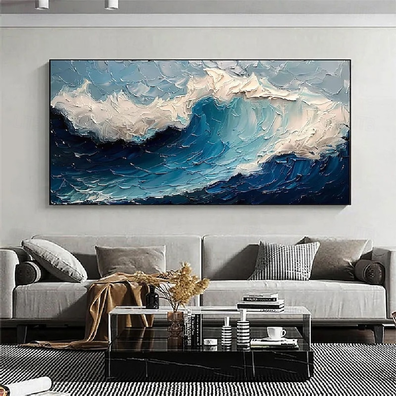Handmade 3D Ocean oil painting handmade Wall Art Blue Huge Wave Oil Painting On Canvas Handpainted Sea Waves 3D Textured Abstract Painting Beach Landscape Sky oil painting for Living Room bedroom4