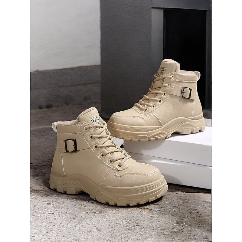 Women's Beige Lace-Up Ankle Boots with Warm Plush Lining – Winter Outdoor Footwear with Rugged Sole and Buckle Detail2