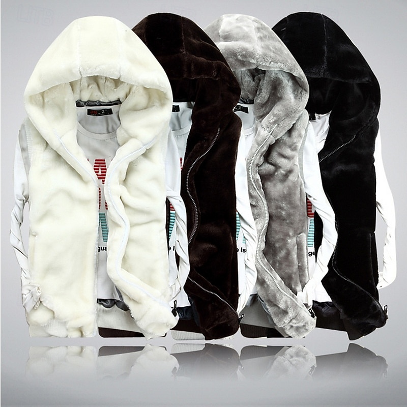Men's Fleece Vest Hoodie Vest Vest Faux Fur Daily Date Vacation Fashion Casual Fall & Winter Pocket Polyester Warm Comfortable Solid Color Zipper Hooded Regular Fit Black White Light Grey Coffee Vest