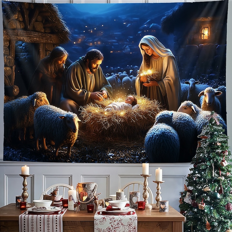 Christmas Hanging Tapestry Nativity Scene Xmas Manger Wall Art Large Tapestry Mural Decor Photograph Backdrop Blanket Curtain Home Bedroom Living Room Decoration