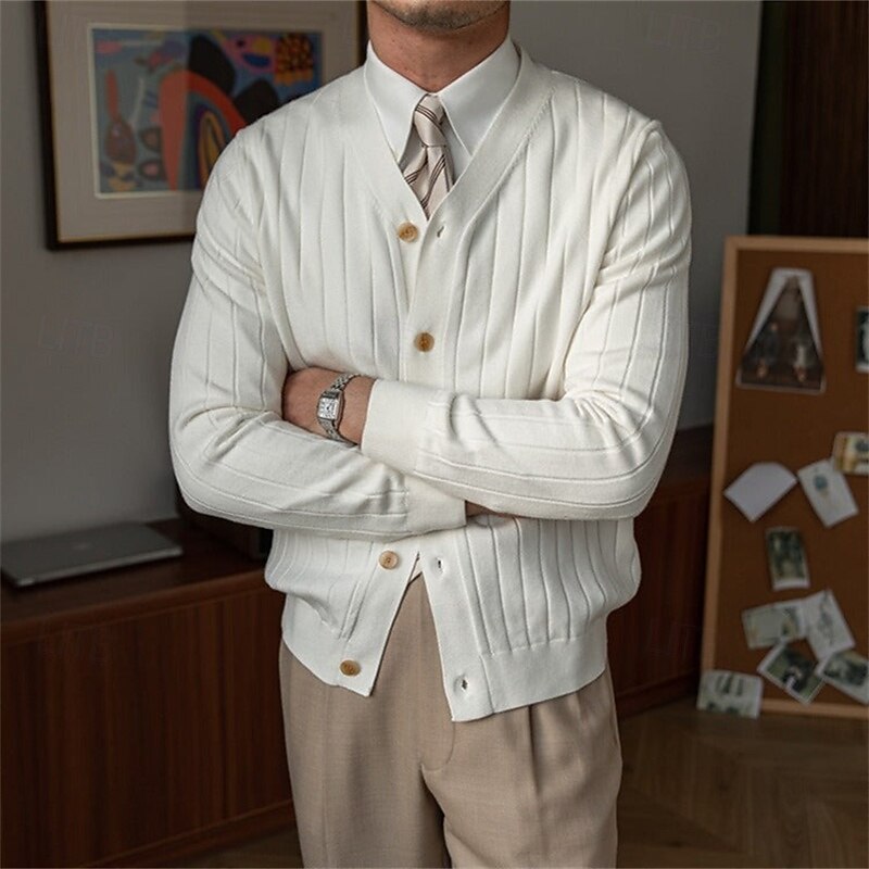 Men's Dress Sweater Cardigan Sweater Knit Sweater Ribbed Knit Regular Tops Button Up Solid Color V Neck Fashion Classic Vacation Daily Wear Clothing Apparel Fall & Winter Black White S M L3