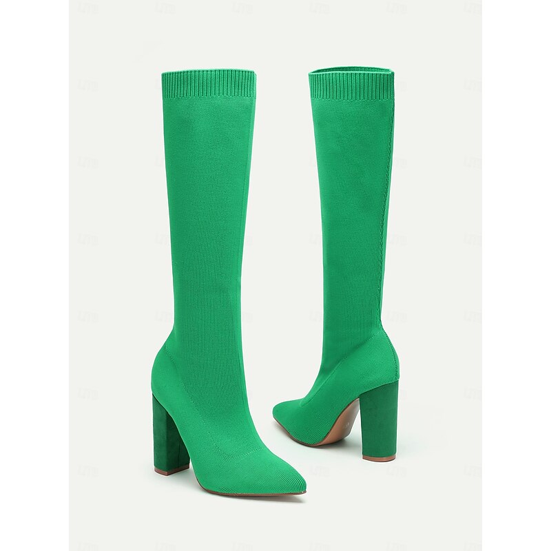 Women's Stretchy Knit Knee-High Boots with Chunky Heels – Elegant Green Fashion Boots for Fall/Winter4