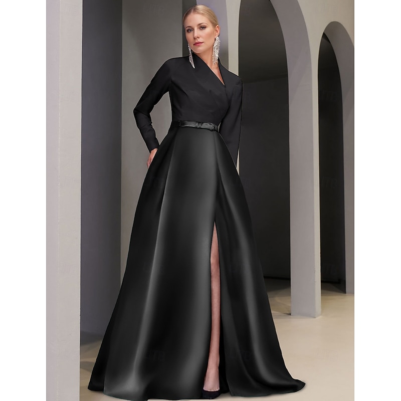 A-Line Evening Gown Elegant Dress Formal Floor Length Long Sleeve Scalloped Neckline Pocket Satin with Slit Pocket3