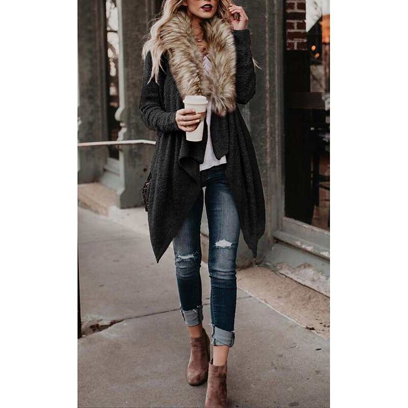 Women's Casual Jacket Outdoor Fur Collar Solid Color Windproof Fashion Regular Fit Outerwear Long Sleeve Fall Black S