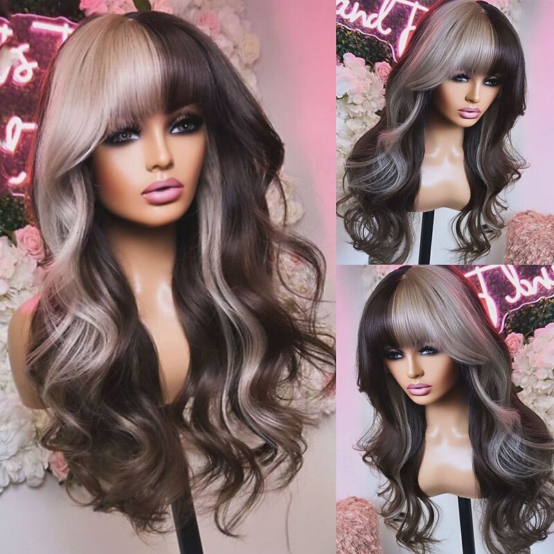 Remy Human Hair 5x5 Closure 13x4 Lace Front Wig With Bangs Brazilian Hair Wavy Multi-color Wig 130% 150% Density with Baby Hair Highlighted / Balayage Hair Natural Hairline Glueless For Women Long3