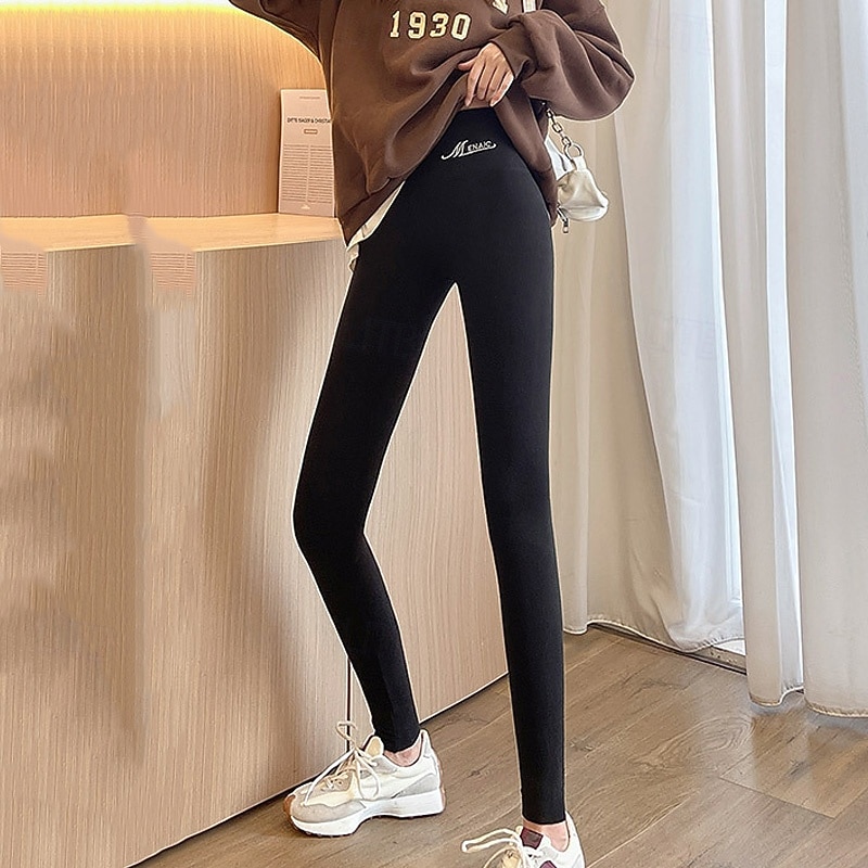 Women's Yoga Pants Fleece Lined Leggings Yoga Leggings Butt Lift Tummy Control High Waist Pilates Gym Workout Workout Tights Letter Dark Grey Black Purple Fall Winter Sports Activewear Stretchy Slim4