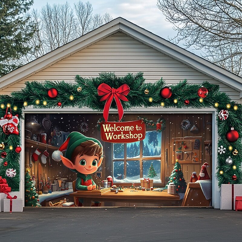 Christmas Door Decorations Outdoor Garage Door Cover Xmas Tree Banner Farmhouse Large Christmas Backdrop for Holiday Outdoor Garage Door Home Wall Decorations 16