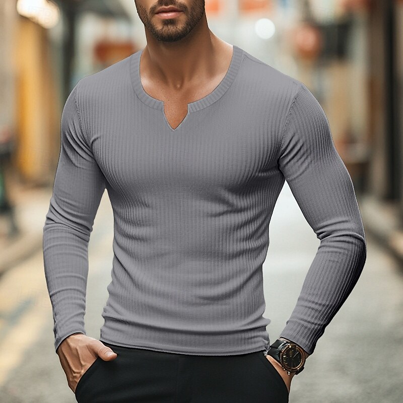 Men's T Shirt Muscle Shirt Ribbed Knit tee Tee Top Long Sleeve V Neck Summer Spring &  Fall Plain Pit Strip Fashion Designer Basic Ribbed Vacation Street Going out Light Blue Black Pink Top Tee for3