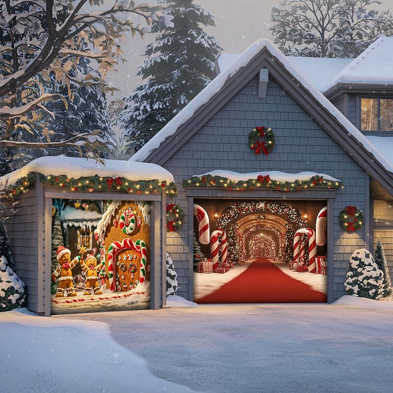 Christmas Door Decorations Garage Door Cover Xmas Candy Canes Gifts Gingerbread Outdoor Banner Large Christmas Backdrop for Holiday Outdoor Garage Door Home Wall Decorations 20