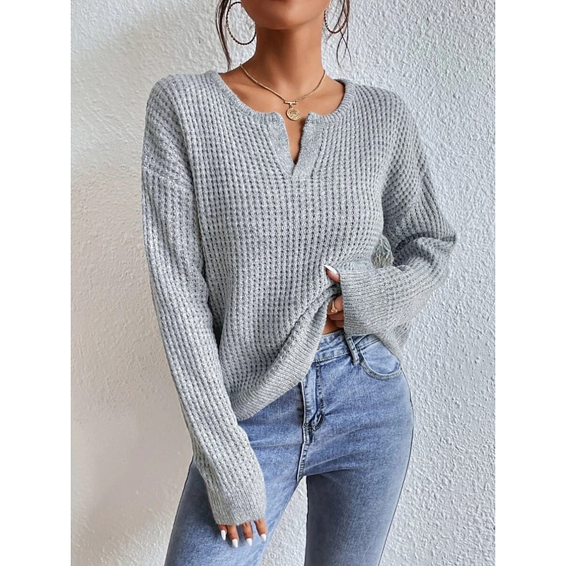 Women's Sweater Polo Collar Textured Knit Fall Winter Weekend Daily Work Basic Long Sleeve Solid Color Navy Blue Gray2