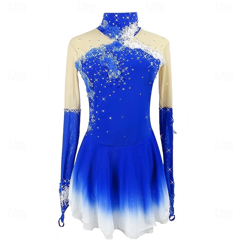 Figure Skating Dress Women's Girls' Ice Skating Skirt Blue Flowers Gradient Skirts High Elasticity Training Competition Skating Wear Multi Color Crystal / Rhinestone Long Sleeve Ice / Kids