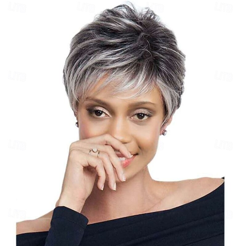Silver Grey Short Hair Wigs For Women Fluffy With Bangs Natural Wig Short Layer Heat Resistant Full Wigs (Gray)2
