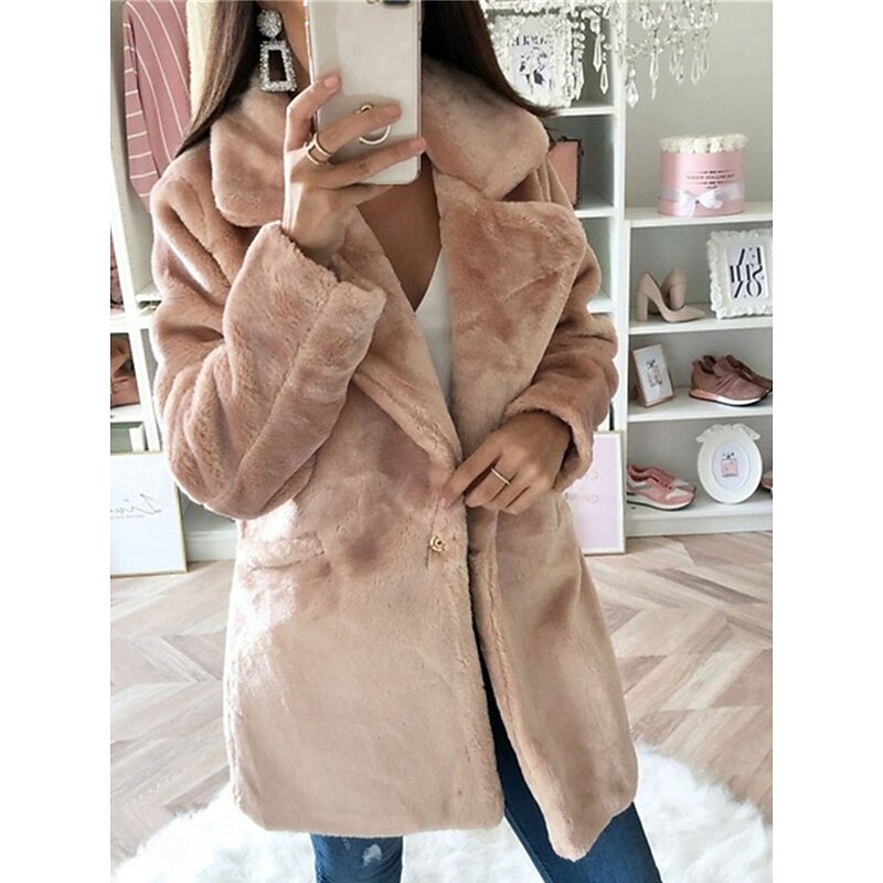Women's Faux Fur Coat Warm Breathable Pocket Fleece Lined Casual Plain Vacation Street Daily Wear Going out Single Breasted Regular Turndown Regular Fit Long Sleeve Outerwear Khaki Gray Fall Winter