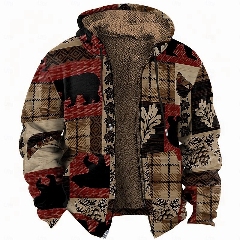 Men's Bear Folk Fleece Hoodie Hoodies Fashion Ethnic Long Sleeve Hooded Vacation Sports Outdoor Streetwear Brown Drawstring Fall Winter Designer