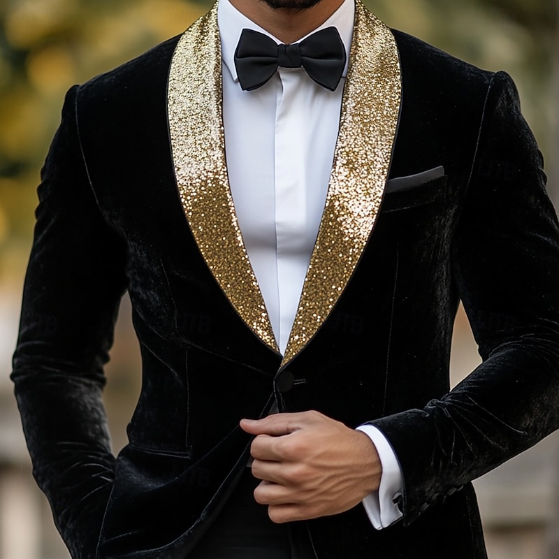 Men's Blazer Jacket Tuxedo Shawl Collar Vintage Party Velvet Solid Colored Blazer Black Standard Fit Single Breasted One-button2
