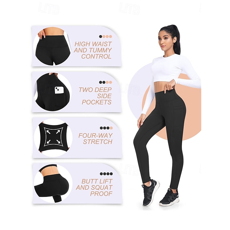 Women's Yoga Pants Fleece Lined Leggings Yoga Leggings with Phone Pocket High Waist Pilates Gym Workout Workout Tights Solid Color Black Burgundy Dark Navy Fleece Fall Winter Sports Activewear4