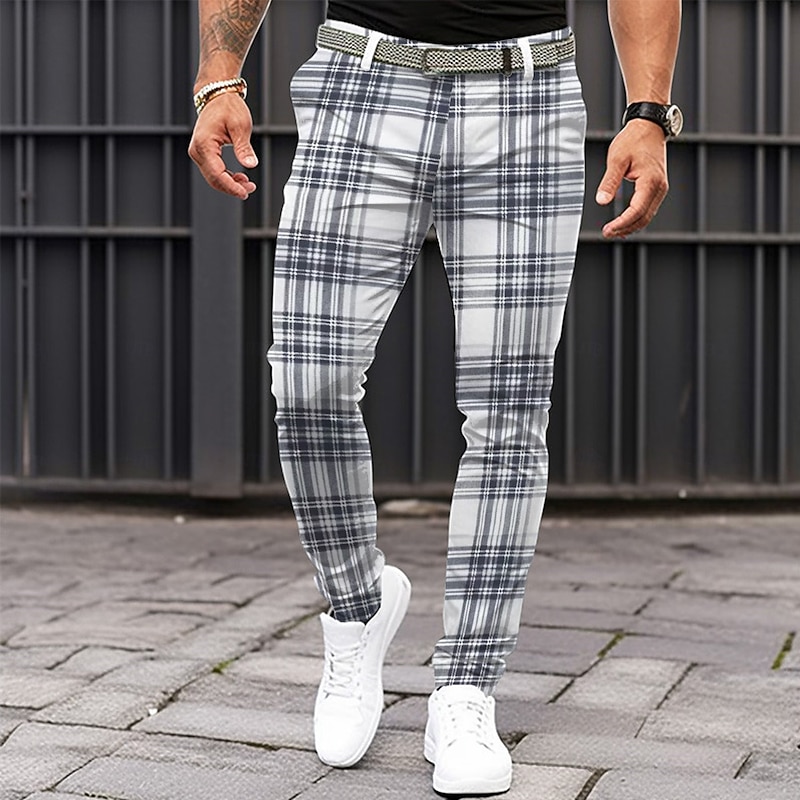 Men's Plaid Dress Pants Mid Waist Business Casual Formal Dailywear Zipper Pocket Summer Spring Fall 3D Print Black Gray2