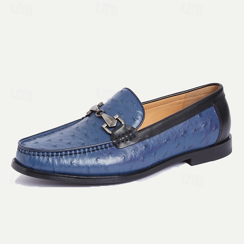 Men's Blue Premium Cowhide Leather Loafers with Ostrich Pattern and Metal Buckle Detail, Elegant Dress Shoes for Formal and Casual Occasions2