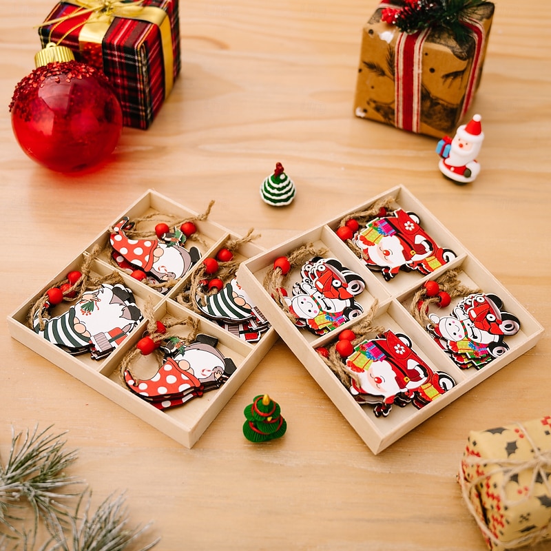 Christmas Wooden Gnome Ornaments Set, 4-Grid Cartoon Print Wooden Box with Santa and Gnome Decorations, Xmas Tree Hanging Decor2